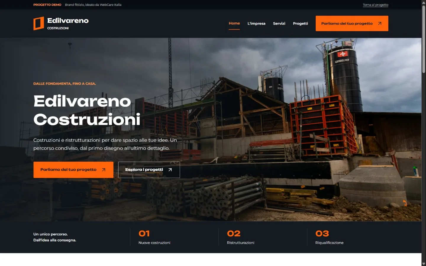 Anteprima del sito demo Edilvareno Costruzioni, con navigazione e fotografia di cantiere
